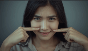 Woman forcing a smile with her fingers—symbolizing boundary collapse in Emotional Outsourcing™